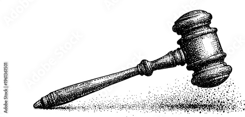 Wooden judge gavel angled detailed black and white stipple engraving for legal background poster and courtroom banner design