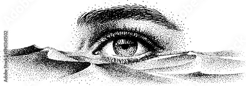Surreal giant human eye emerging from desert sand dunes black and white stippled drawing for surreal poster background and editorial design