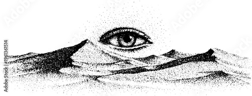 Single eye half buried in desert dunes black and white stippled landscape drawing for surreal poster background and editorial layout