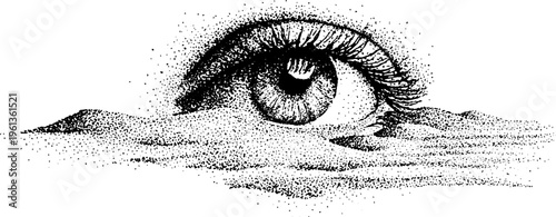 Closeup giant eye rising from sand dunes black and white stippled ink drawing for surreal poster background and conceptual design