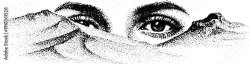 Pair of eyes peeking above sand dunes black and white stippled portrait drawing for surreal poster background and artistic layout design