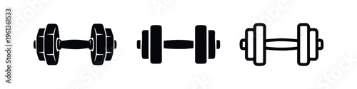 Dumbbell icons set. Weightlifting, fitness equipment, and gym workout symbols.