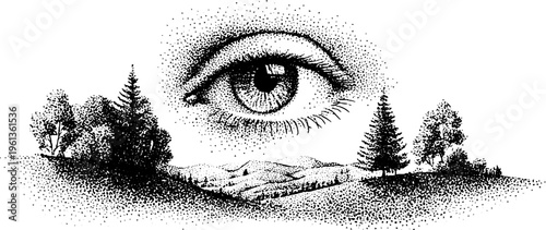 Giant eye in the sky watching rural landscape black and white stipple dotwork surreal illustration for poster background and editorial design
