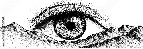 Giant eye rising from mountain range black and white stipple dotwork surreal landscape illustration for poster background and banner design