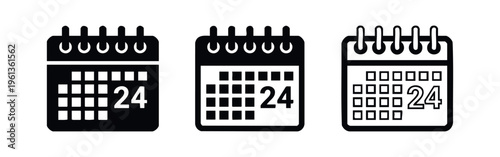 Calendar icons set with number 24. Date, schedule, and event symbols.