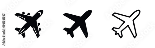 Airplane icons set. Travel, flight, aviation, and transportation symbols.