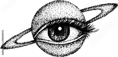 Ringed planet eye in black and white stipple with long lashes and orbiting ring for tattoo artwork poster and background design