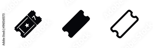 Ticket icons set. Collection of various event, cinema, or lottery ticket symbols in black and white.