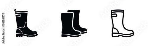 Set of rubber boots icons. Collection of various wellington boot symbols in black and white.