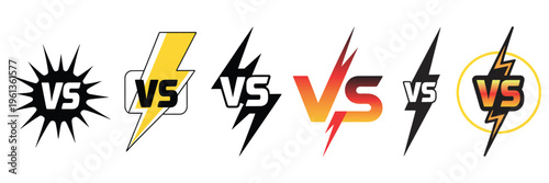Versus Battle Match Logos with VS Text on White Background Featuring Starburst, Lightning and Circular Icons for Gaming Interface, Sports UI, Competition Graphics and Digital Design