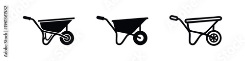 Wheelbarrow icons set. Collection of various garden and construction cart symbols in black and white.