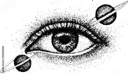 Stippled orbital eye with twin ringed planets and dotted texture in black and white for poster background and tattoo design