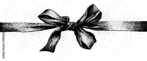 Horizontal ribbon with tied bow close up in black and white stippling for gift wrap design greeting card border and decorative trim