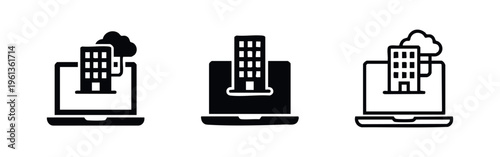 Cloud Computing and Online Office Icon Set on Laptop, Remote Work Technology Symbols, SaaS and Data Storage Icons