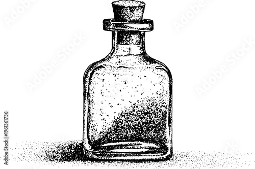 Square vintage glass bottle with stopper stippled illustration showing blown glass imperfections for label or packaging design