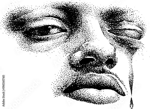 Melting stippled face portrait with tear and fragmented identity in black and white for poster background and conceptual artwork