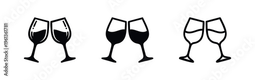 Clinking Wine Glasses Icon Set. Toasting Champagne Flutes Symbols. Celebration Drink Outline and Solid Icons.