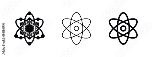 Atom Science Icon Set. Nuclear Model Outline and Solid Symbols. Chemistry Physics Vector Graphics.