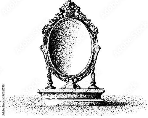 Ornate gothic oval mirror engraving with dark reflection in black and white stipple for vintage background and poster design