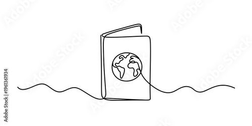 Single continuous line drawing of a passport with a world globe icon on the cover