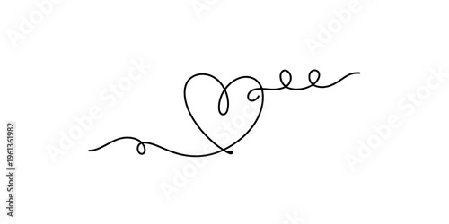 Single line drawing of a heart with elegant swirls and loops on a white background