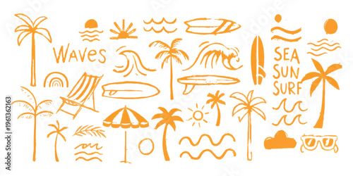 A collection of hand drawn summer beach icons and tropical elements in a vibrant orange color Vector, illustration
