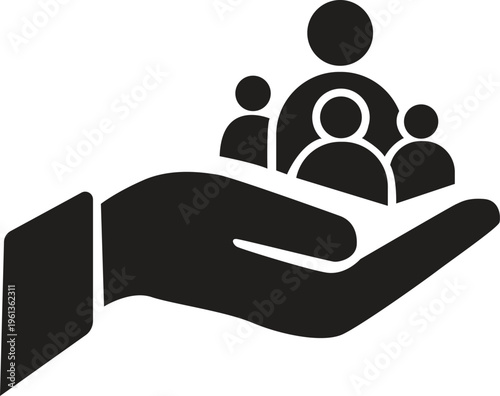 A black silhouette of a hand cradling multiple people icons