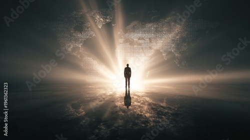 Silhouette of person against glowing world map background