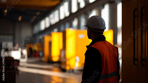 Industrial worker in protective gear oversee production area, safety person inspect factory, professional engineer monitor machinery site
