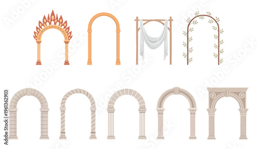 Architecture Arch with Columns Vector Set, Ancient Pillars and Ornamental Classic Design Illustration Isolated on White Background for Historical, Roman, Greek and Decorative Design Projects