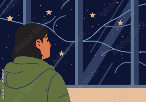 A young adult gazes out a starry window, lost in thought. A cozy, nighttime scene with a soft, dreamy aesthetic. Perfect for calming or reflective themes.