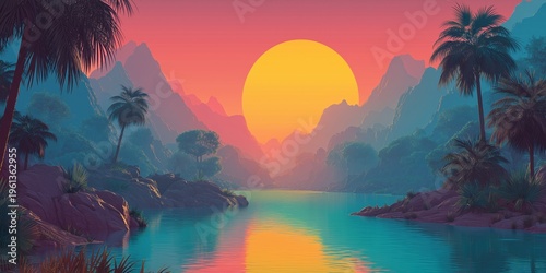 Warm sunset over tranquil tropical beach lagoon with mountains and palms inspired by kariva beach in philippines concept of relaxation