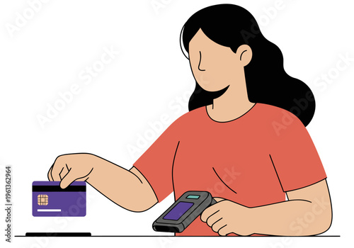 A young Asian woman uses a tokenized gift card at a cafe. Modern illustration style, vibrant colors, focused on digital payments and convenience. Suitable for business and lifestyle themes.
