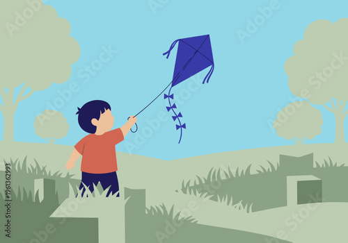 A young boy joyfully flies a kite outdoors, capturing a nostalgic childhood memory. Bright colors and a sunny landscape create a heartwarming scene.