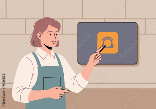 A friendly barista demonstrates a tokenized payment system on a touchscreen display. Modern cafe setting, clear visual explanation. Professional, helpful, digital payment.