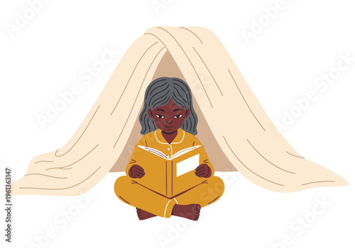 A young girl enjoys a cozy blanket fort with a book, fostering imagination and relaxation. Soft colors and a simple composition create a comforting scene.