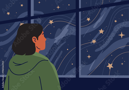 A young woman gazes out a starry window, lost in thought. The swirling night sky creates a dreamy backdrop. A calming, evocative image.