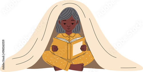A young girl enjoys a cozy blanket fort with a book, sparking imagination and quiet time. Soft colors and a comforting scene.