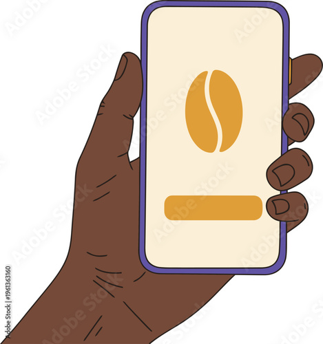 A hand holds a smartphone displaying a coffee token payment graphic. Modern, clean design. Ideal for digital payments and coffee shop marketing.