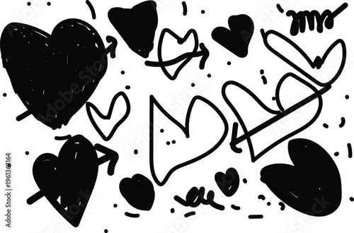 A collection of hand drawn hearts in various sizes and styles