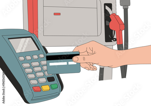 A hand pays for fuel at a gas station using a credit card. Clear, modern illustration. Focus on payment process. Bright colors, clean design.