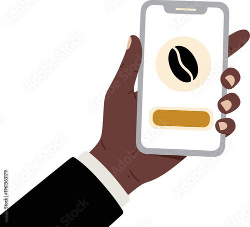 A hand holds a smartphone displaying a coffee token payment icon. Modern, clean design. Ideal for digital payments and coffee shop marketing.