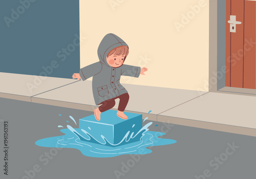 A joyful child leaps across a rain puddle, capturing a moment of playful fun. Bright colors and a simple composition create a charming, heartwarming scene.