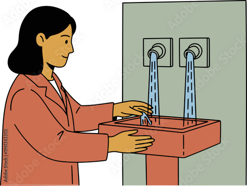 A professional woman performs a laboratory eyewash station check, ensuring cleanliness and safety. Clear, modern illustration.