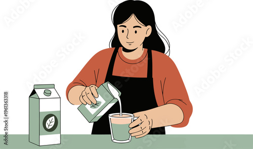 A plant-based milk barista skillfully pours milk into a cup, creating latte art. Warm tones and a modern aesthetic highlight this sustainable beverage preparation.