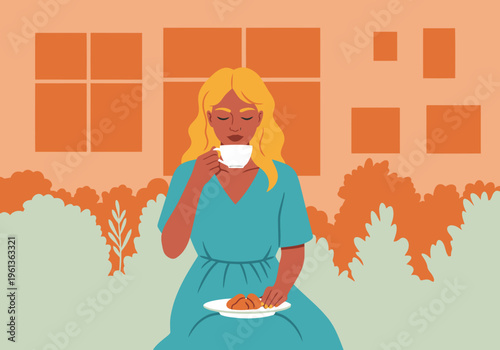 A serene woman enjoys a cup of tea and pastries after meditation, bathed in sunlight. A peaceful, mindful moment captured in a soft, inviting scene.