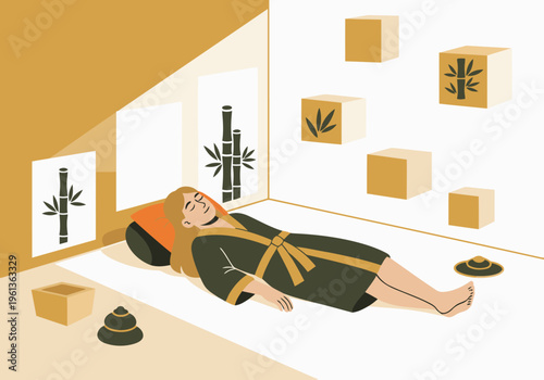A serene woman rests in a minimalist zen room, bathed in sunlight. Relaxing and restorative, this image evokes tranquility and wellness. Perfect for health, spa, or lifestyle themes.