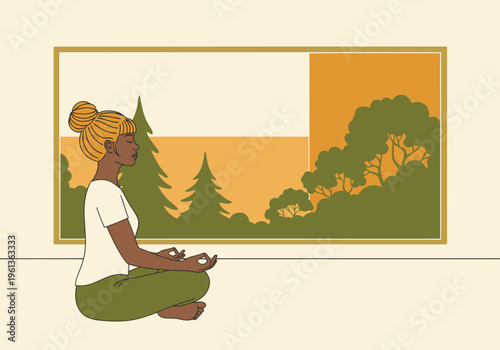 A serene woman meditates by a window, gazing at a calming nature scene. This mindful window view promotes relaxation and wellbeing. Perfect for wellness and lifestyle content.