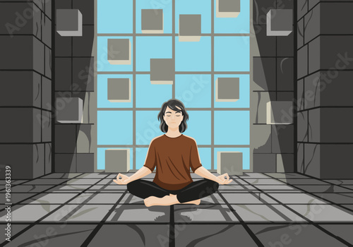 A serene woman meditates in a minimalist sunlit room with a wall of floating squares. Focus on tranquility and peacefulness. Ideal for wellness and mindfulness themes.