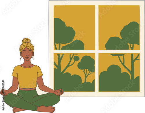 A serene woman meditates by a window overlooking a calming nature scene. This mindful window view promotes relaxation and wellbeing. Perfect for wellness and lifestyle content.
